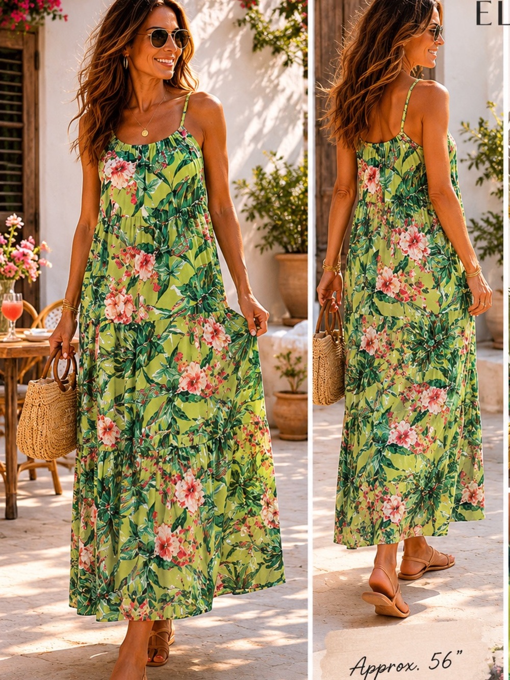 Elena Baldi, Luxury Silk Blend, Dress,Tiered,Floral Size Medium, Tropical
